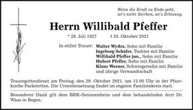 Traueranzeige Willibald Pfeffer