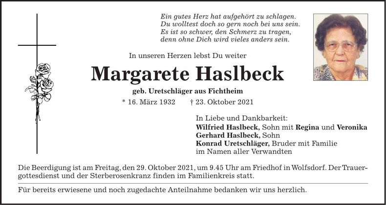 Traueranzeige Margarete Haslbeck