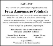 Traueranzeige Annemarie Volnhals