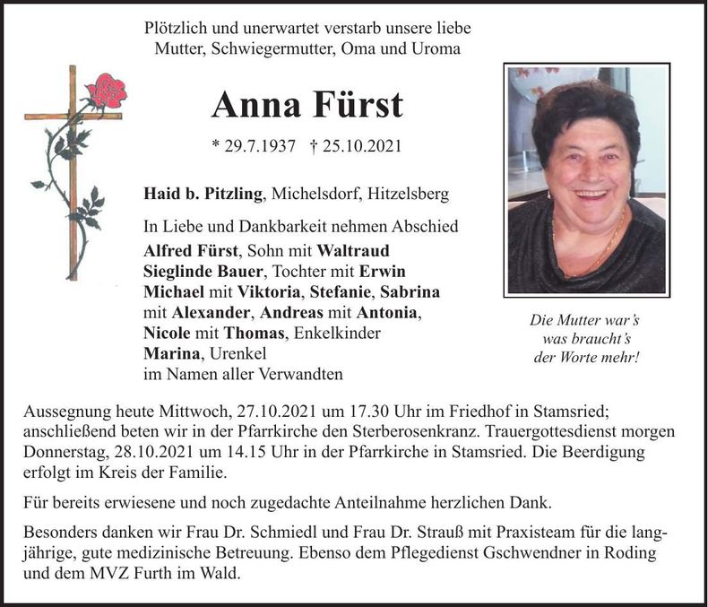 Traueranzeige Anna Fürst