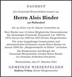 Traueranzeige Alois Binder