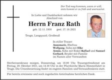 Traueranzeige Franz Rath