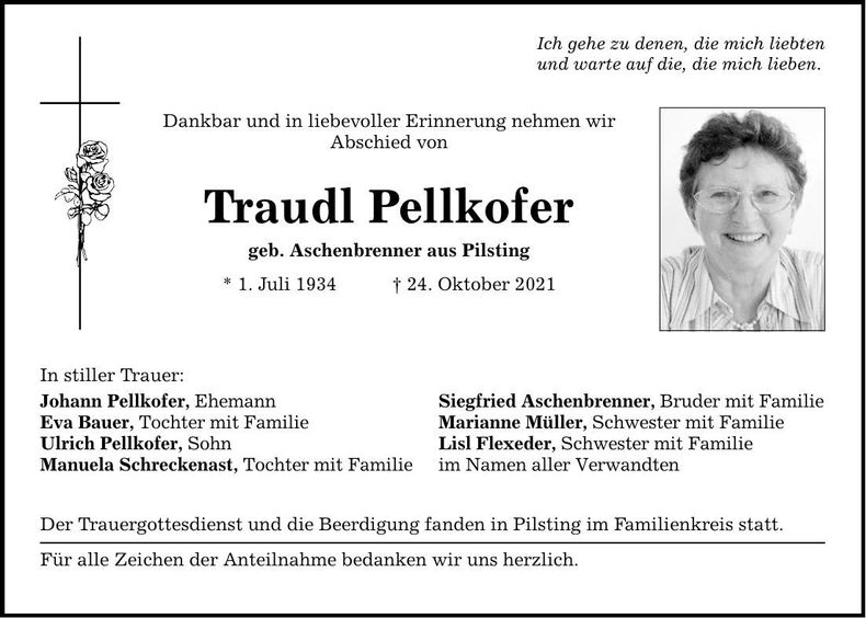 Traueranzeige Traudl Pellkofer