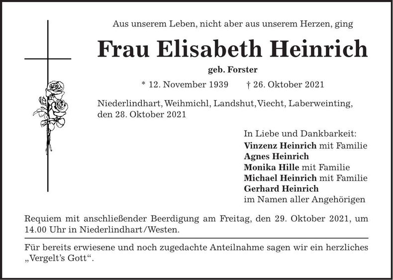 Traueranzeige Elisabeth Heinrich