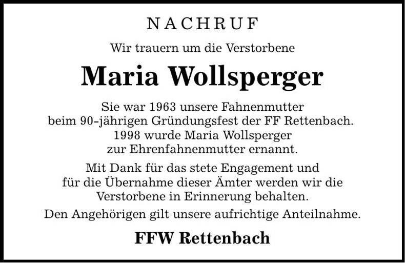 Traueranzeige Maria Wollsperger