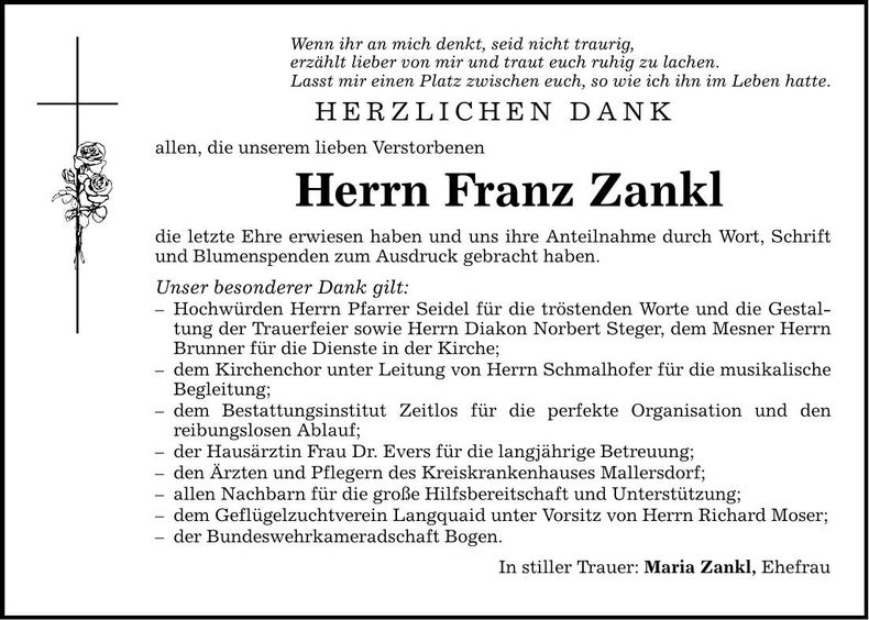 Traueranzeige Franz Zankl