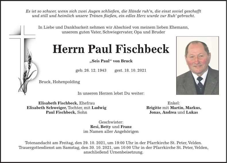 Traueranzeige Paul Fischbeck