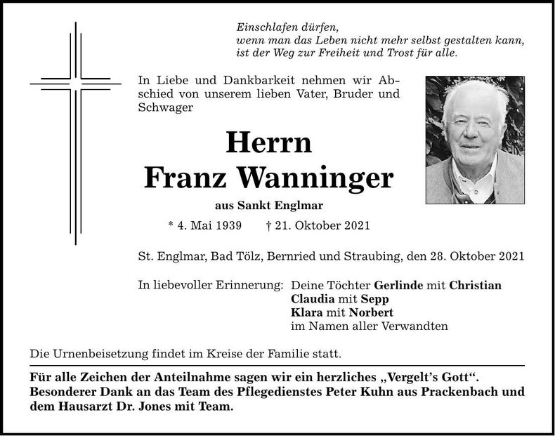 Traueranzeige Franz Wanninger