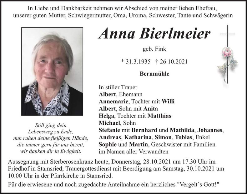 Traueranzeige Anna Bierlmeier