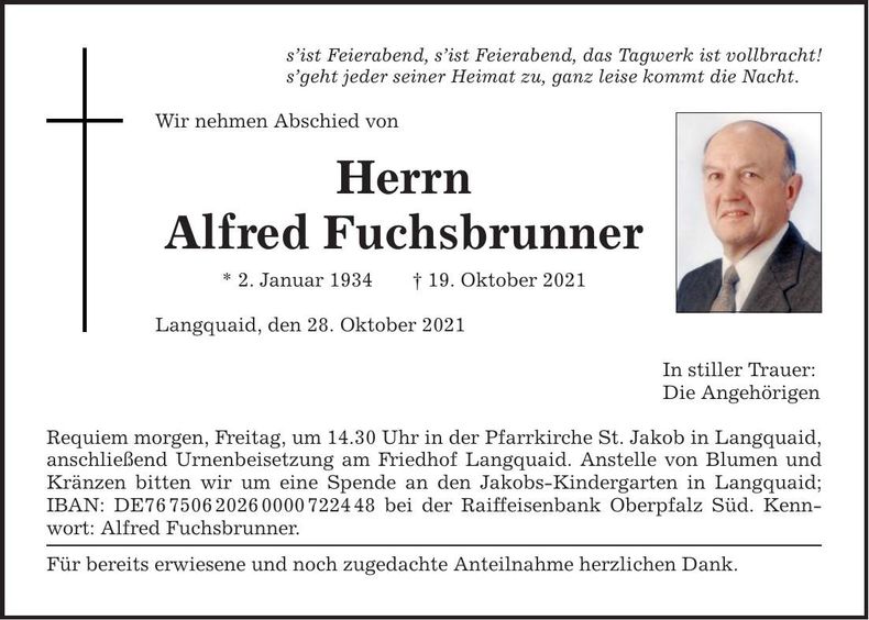 Traueranzeige Alfred Fuchsbrunner