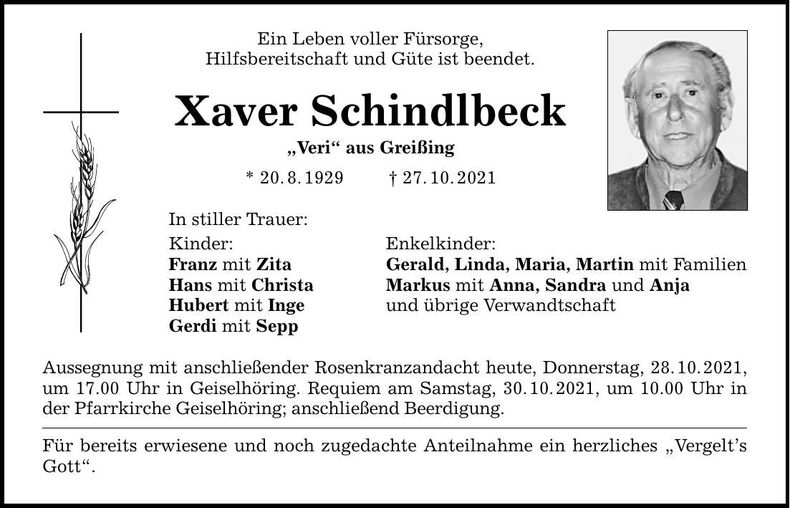 Traueranzeige Xaver Schindlbeck
