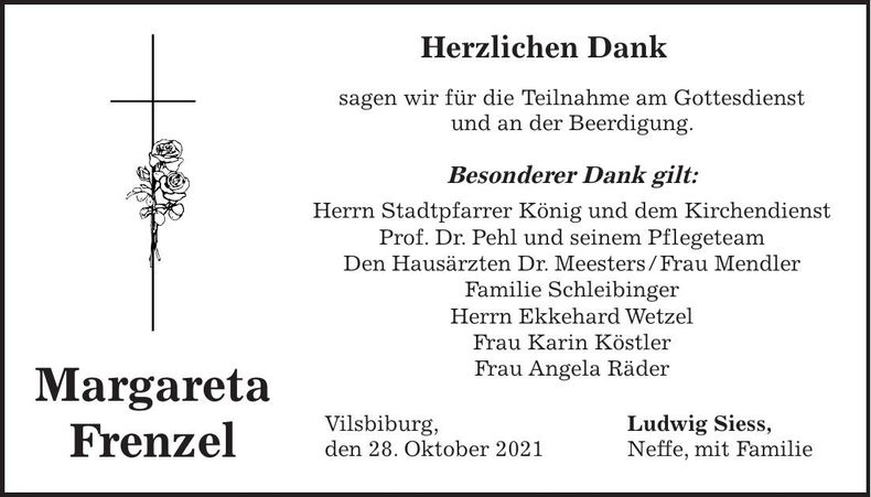 Traueranzeige Margareta Frenzel