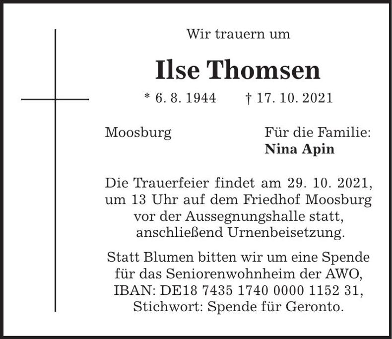 Traueranzeige Ilse Thomsen