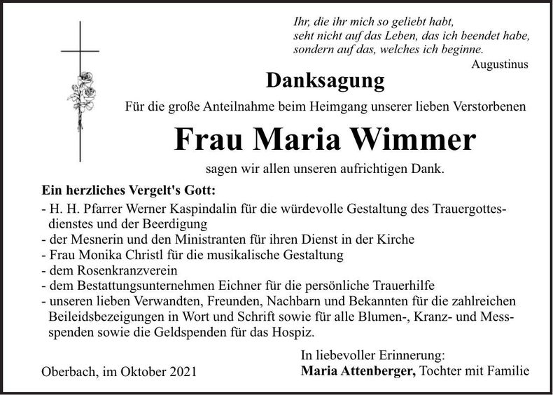 Traueranzeige Maria Wimmer