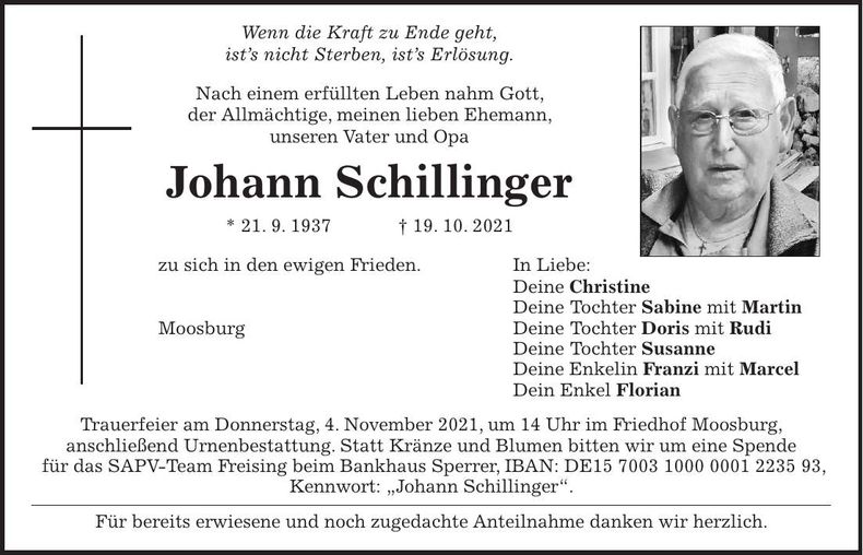 Traueranzeige Johann Schillinger