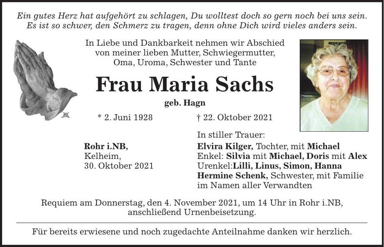 Traueranzeige Maria Sachs