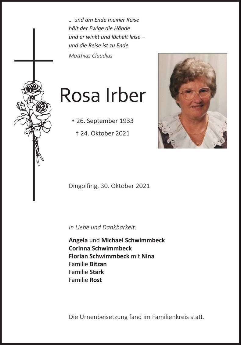 Traueranzeige Rosa Irber