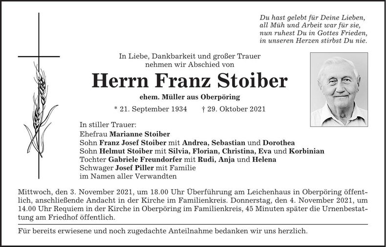 Traueranzeige Franz Stoiber