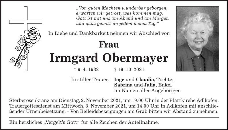 Traueranzeige Irmgard Obermayer