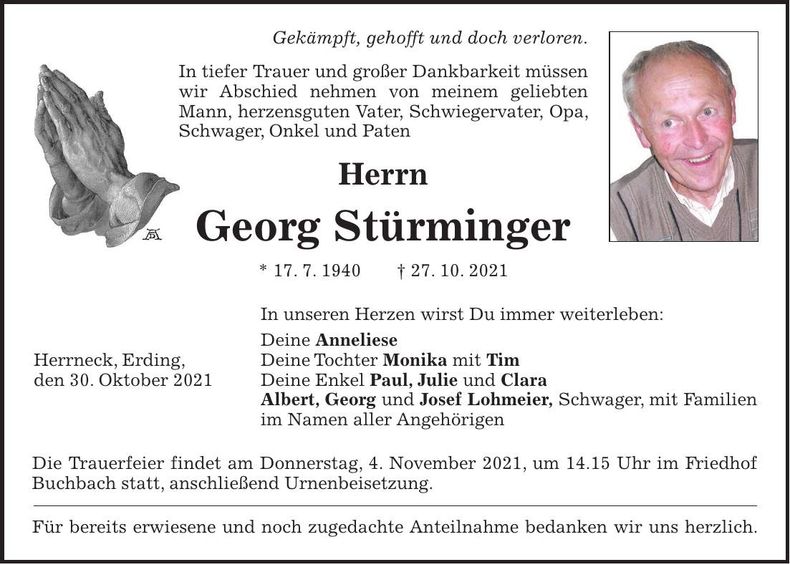 Traueranzeige Georg Stürminger