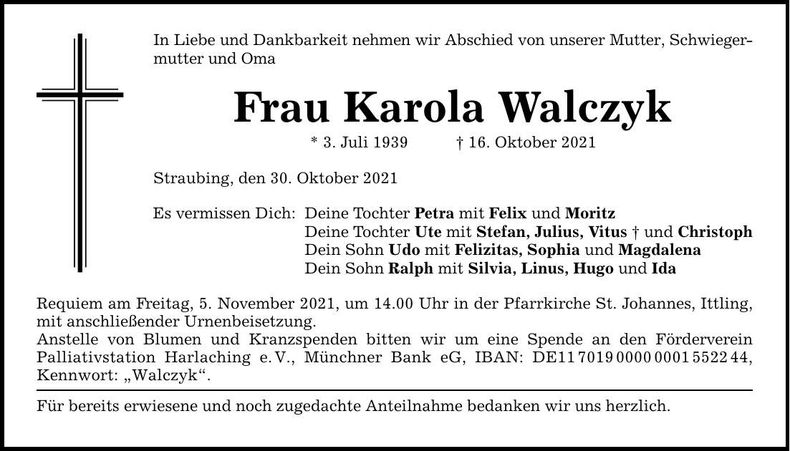 Traueranzeige Karola Walczyk