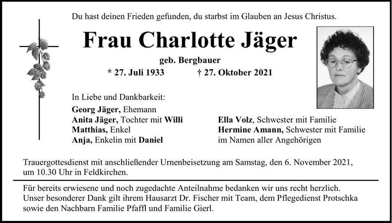 Traueranzeige Charlotte Jäger