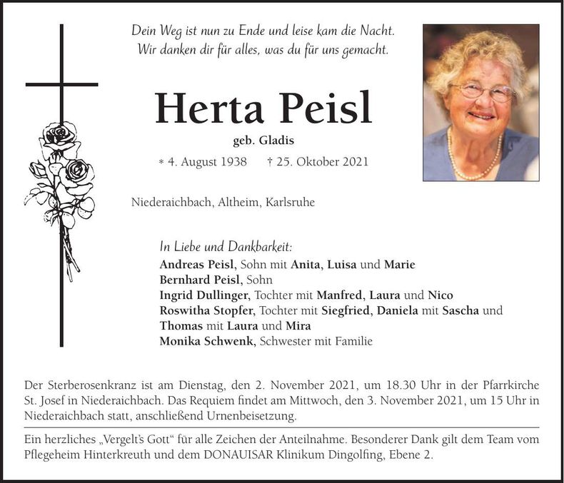 Traueranzeige Herta Peisl