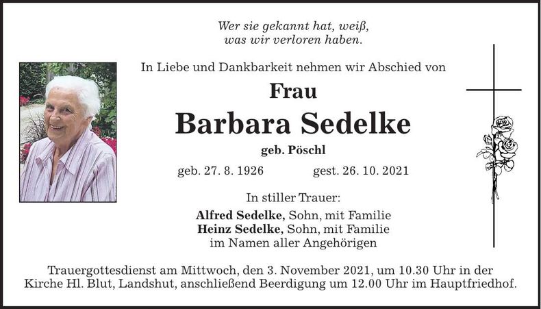 Traueranzeige Barbara Sedelke