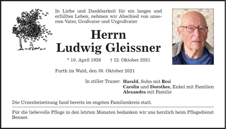 Traueranzeige Ludwig Gleissner