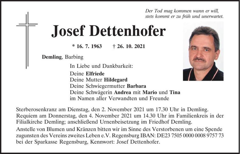 Traueranzeige Josef Dettenhofer
