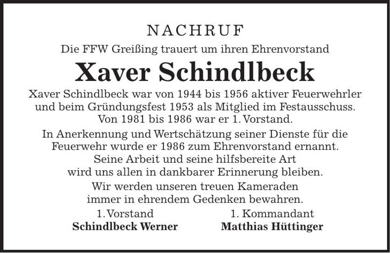 Traueranzeige Xaver Schindlbeck