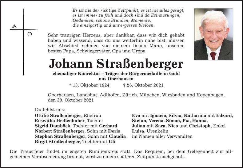 Traueranzeige Johann Straßenberger