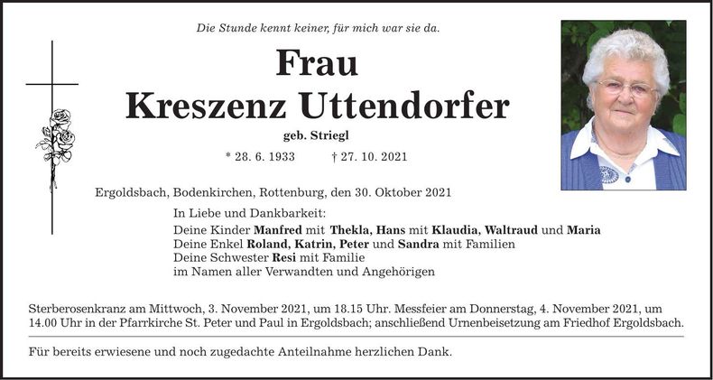 Traueranzeige Kreszenz Uttendorfer