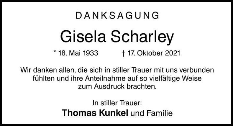 Traueranzeige Gisela Scharley
