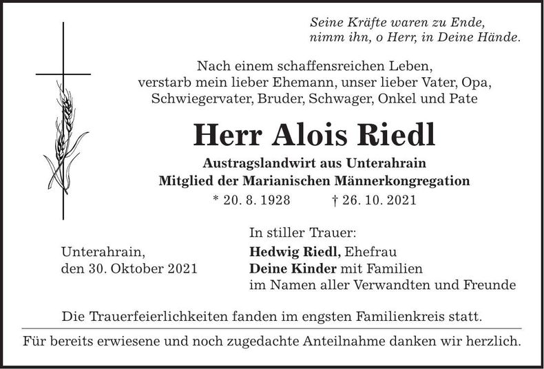 Traueranzeige Alois Riedl