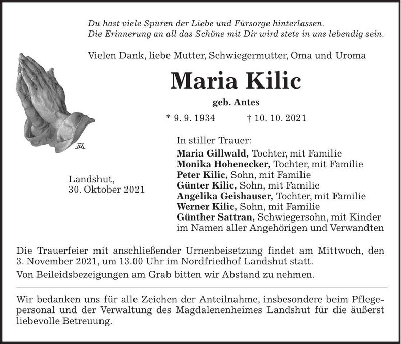 Traueranzeige Maria Kilic
