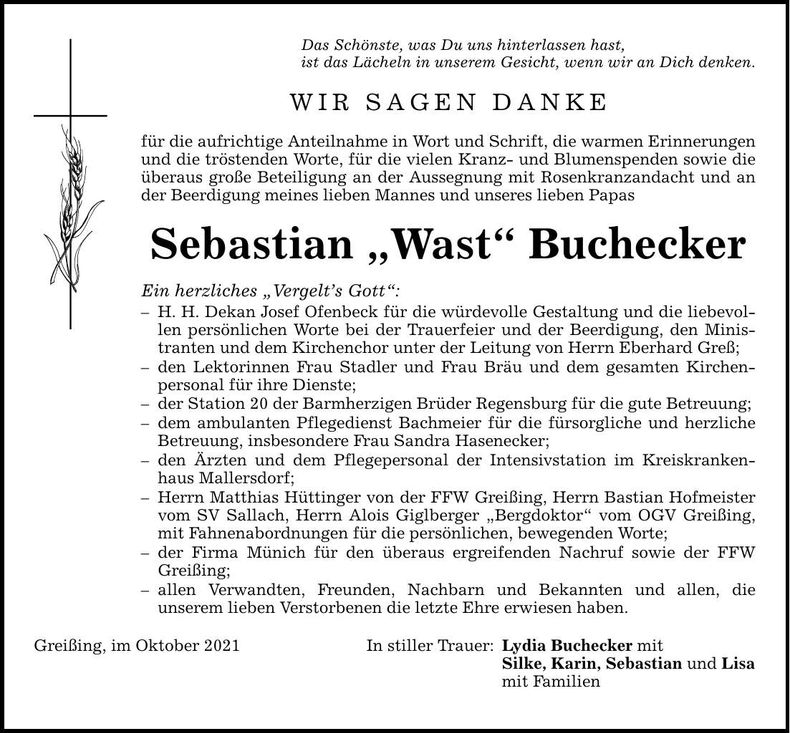 Traueranzeige Sebastian "Wast" Buchecker