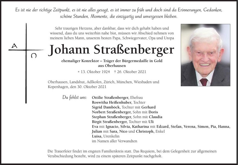 Traueranzeige Johann Straßenberger