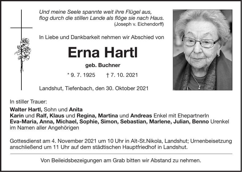 Traueranzeige Erna Hartl