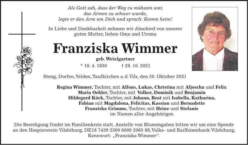 Traueranzeige Franziska Wimmer