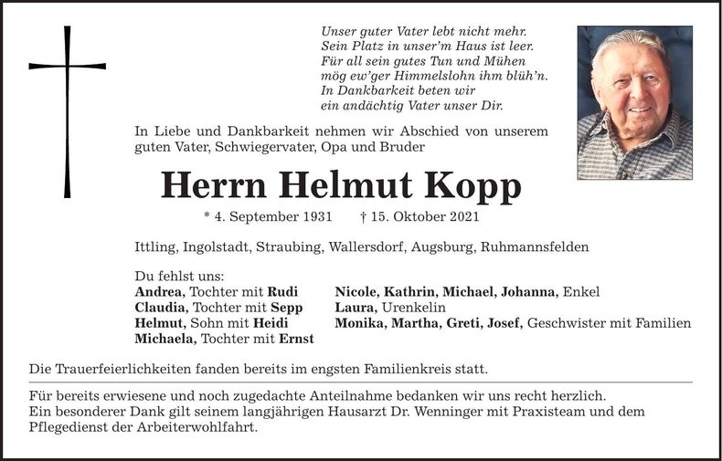 Traueranzeige Helmut Kopp