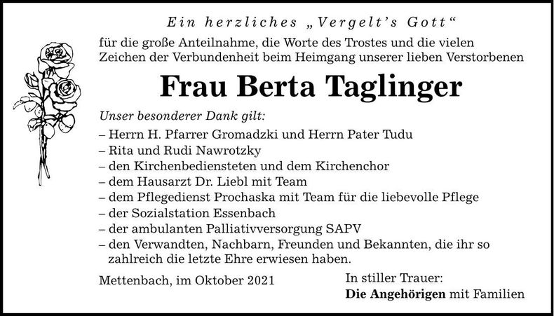 Traueranzeige Berta Taglinger