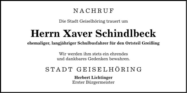 Traueranzeige Xaver Schindlbeck