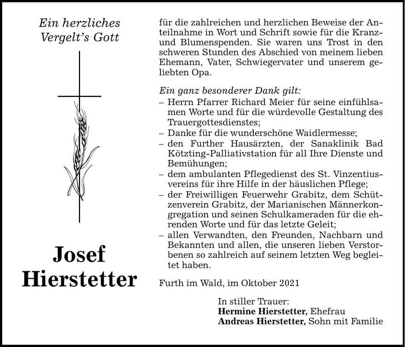 Traueranzeige Josef Hierstetter