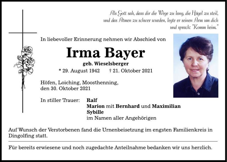 Traueranzeige Irma Bayer