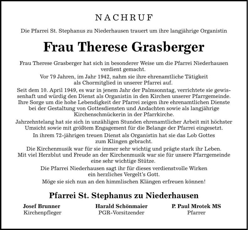 Traueranzeige Therese Grasberger
