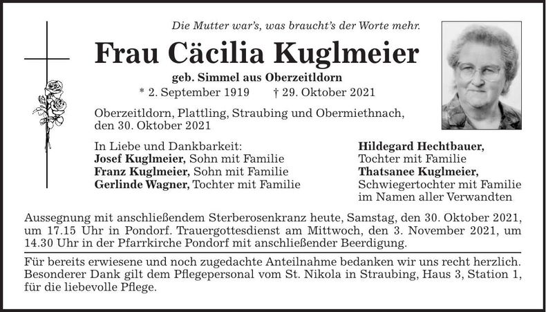 Traueranzeige Cäcilia Kuglmeier