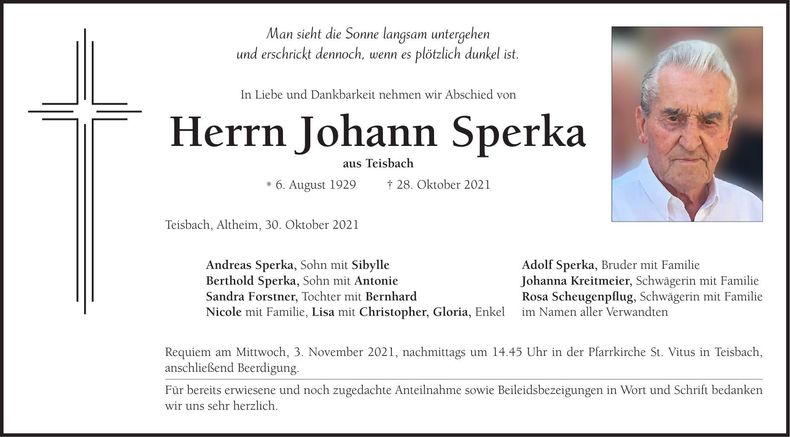 Traueranzeige Johann Sperka