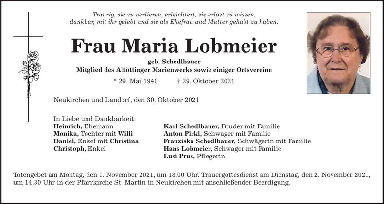 Traueranzeige Maria Lobmeier