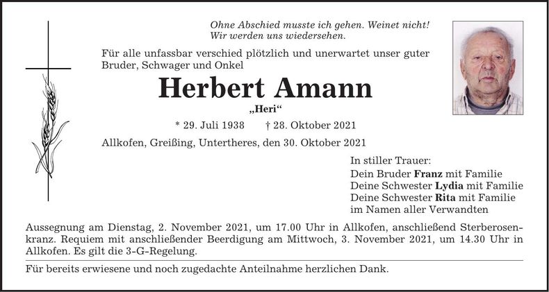 Traueranzeige Herbert Amann